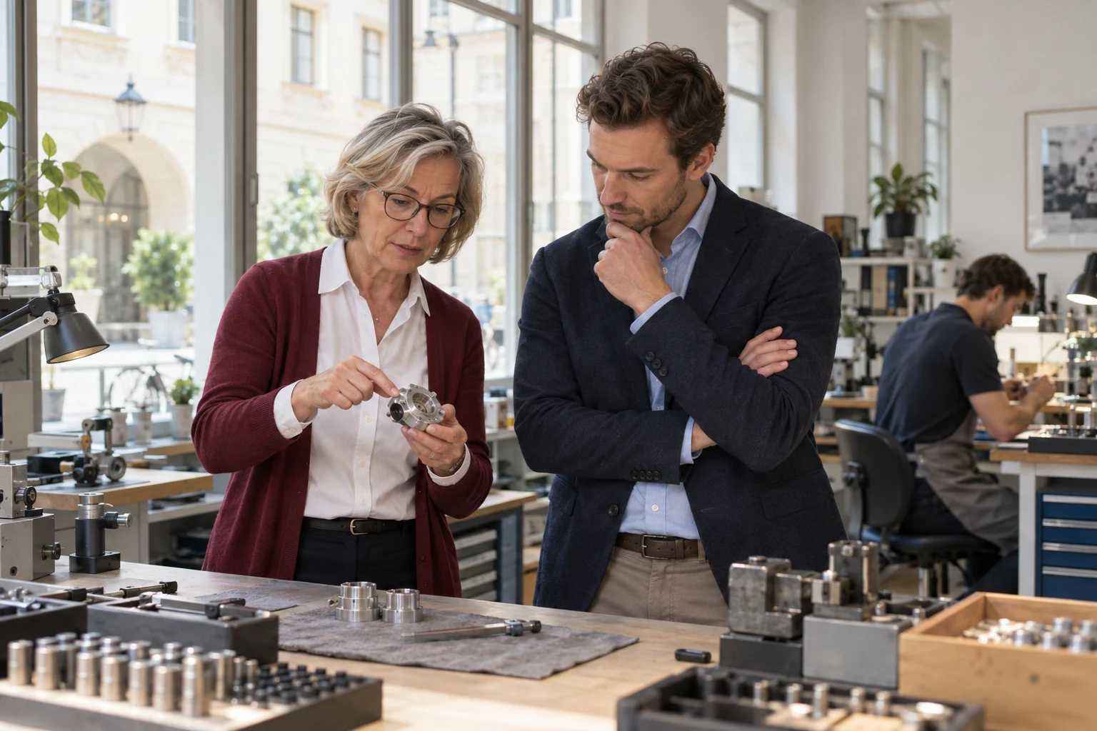 Wiener Firmeninhaberin erklärt einem möglichen Nachfolger einen Präzisionsbauteil